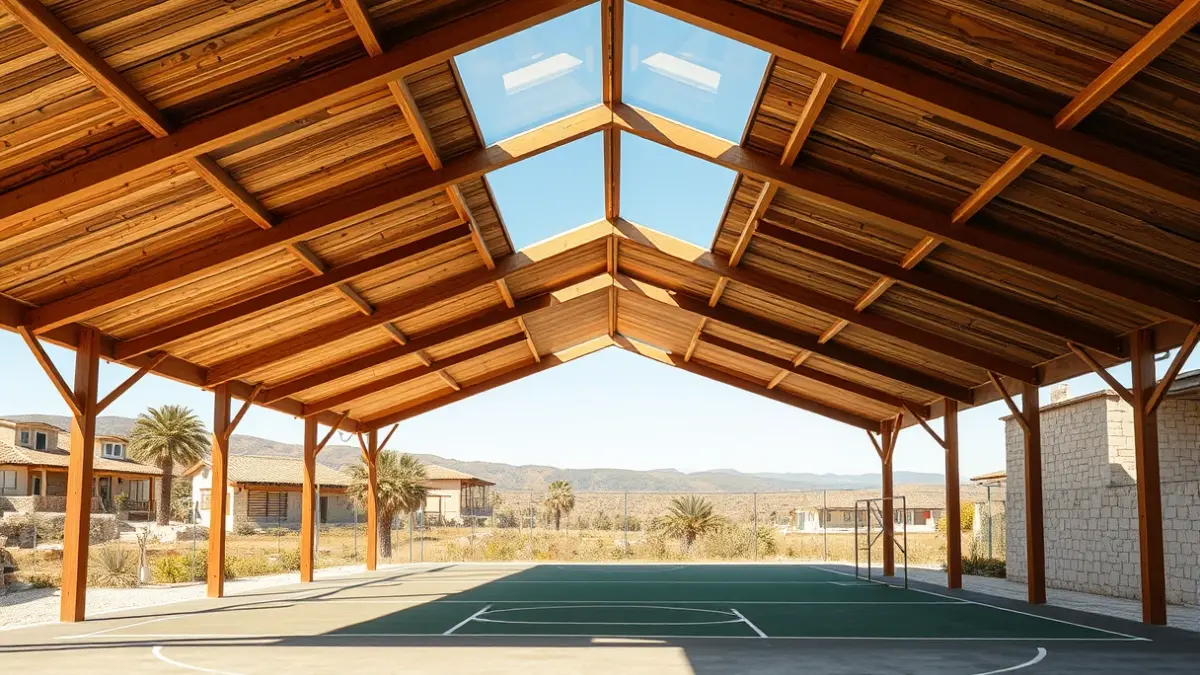 Image of a wooden roof over a sports court in a Valencian village.