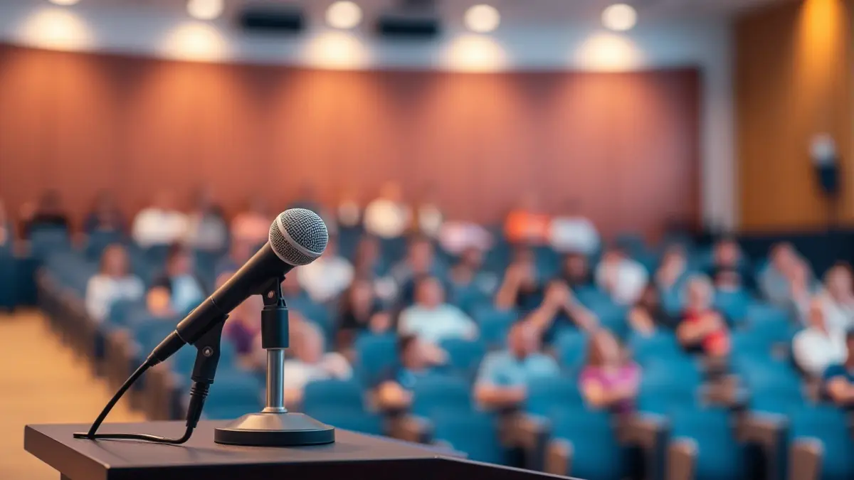 Generic image of a microphone on a podium in a university lecture hall.