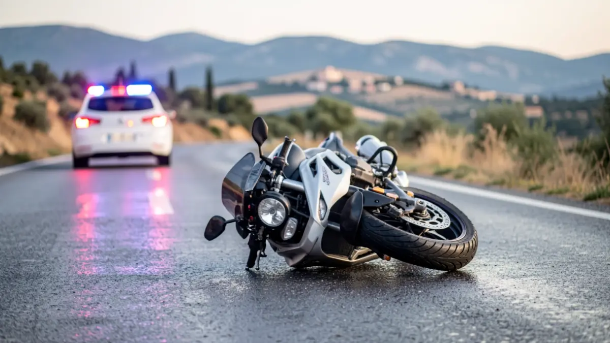 Imatge genèrica d'un accident de moto en una carretera mullada amb llums d'emergència.