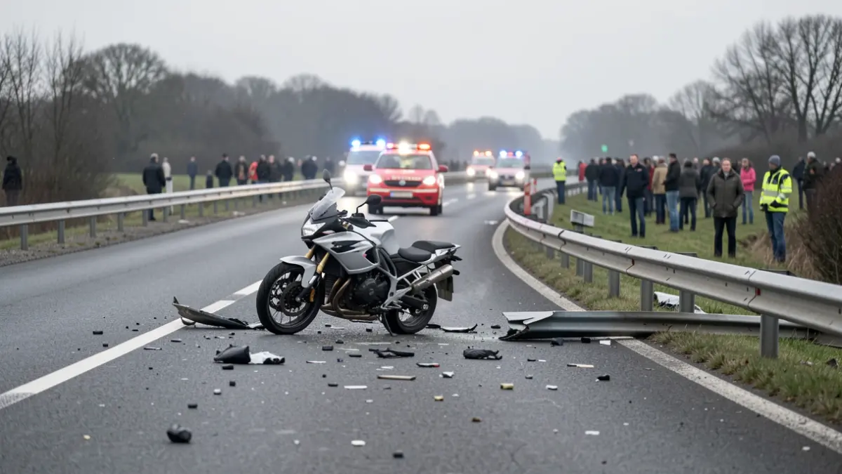 Imatge genèrica d'un accident de moto en una corba d'autopista amb barreres danyades i llums d'emergència.