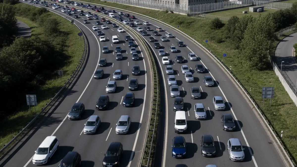 Aerial image of a highway with dense traffic and rush hour congestion, with a penitentiary center in the background.