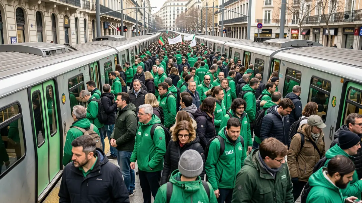 Imatge genèrica de gent vestida de verd en una andana de metro a València preparant-se per a una manifestació.