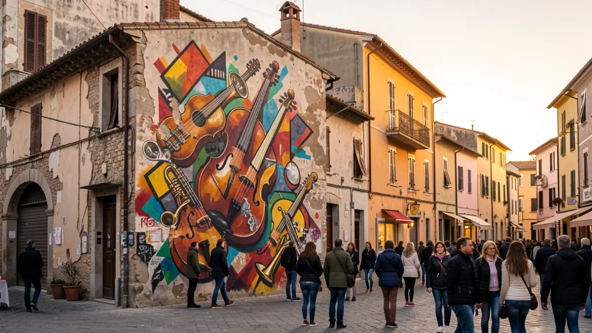 Imagen de un mural artístico con instrumentos musicales en una calle de Orihuela.