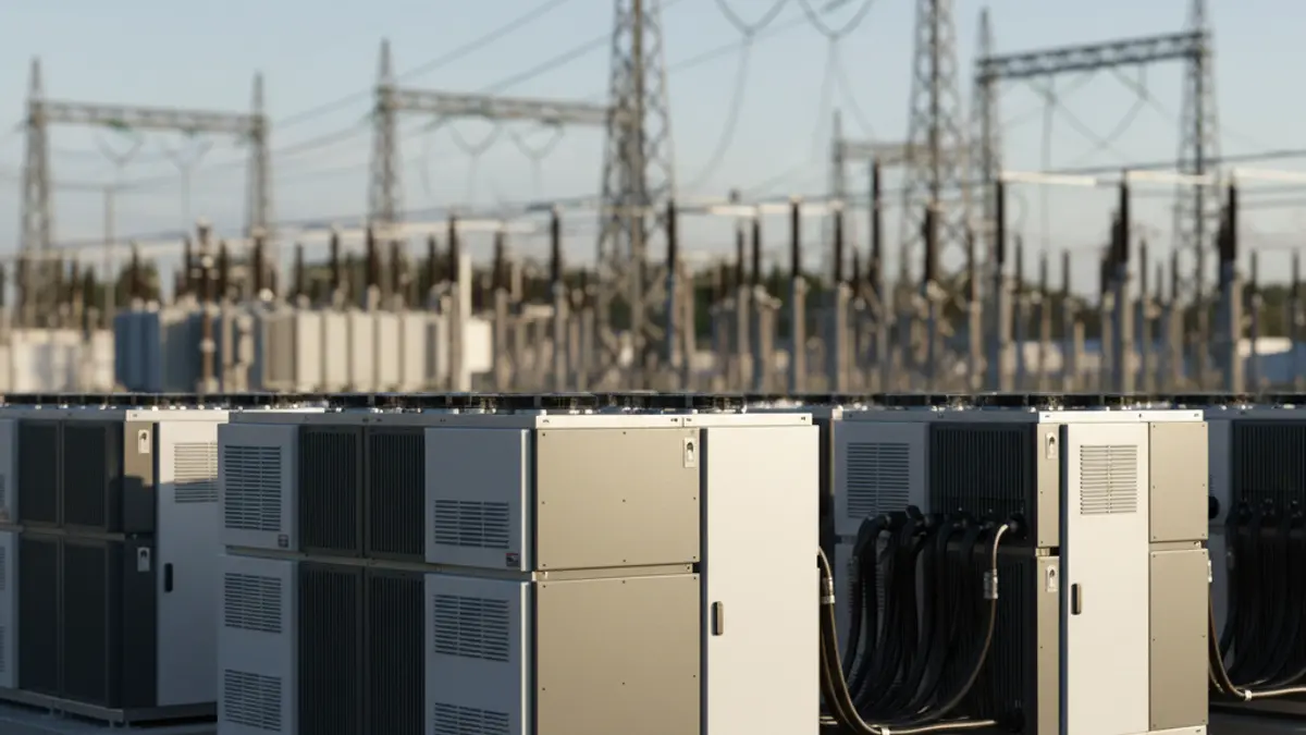 Imatge genèrica d'unitats d'emmagatzemament d'energia amb bateries en un entorn industrial.