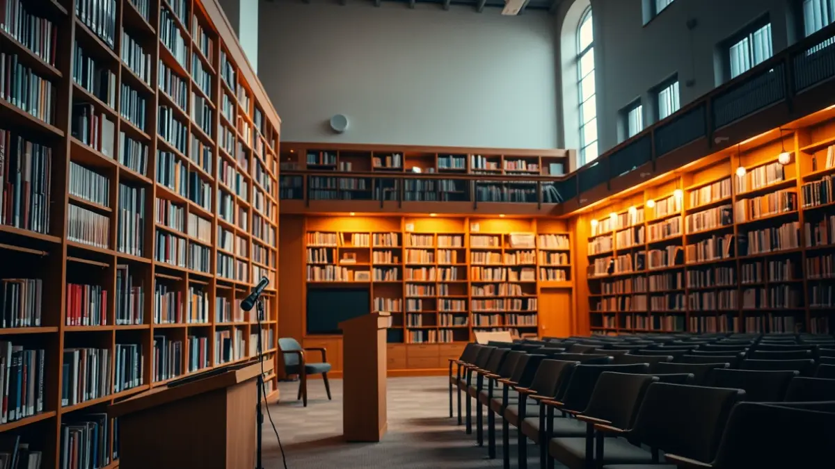 Imatge genèrica d'un interior de biblioteca amb prestatgeries de fusta i un podi amb micròfon, amb una atmosfera càlida de lectura.