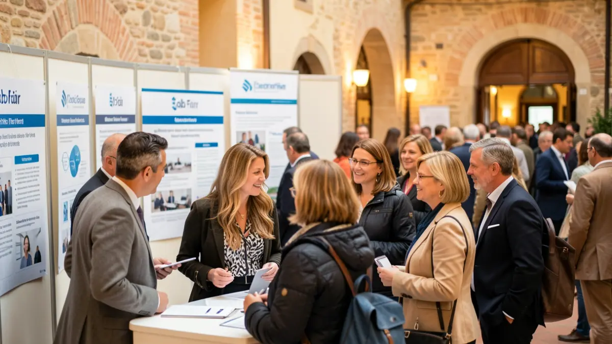Generic image of a job fair with people interacting at booths.