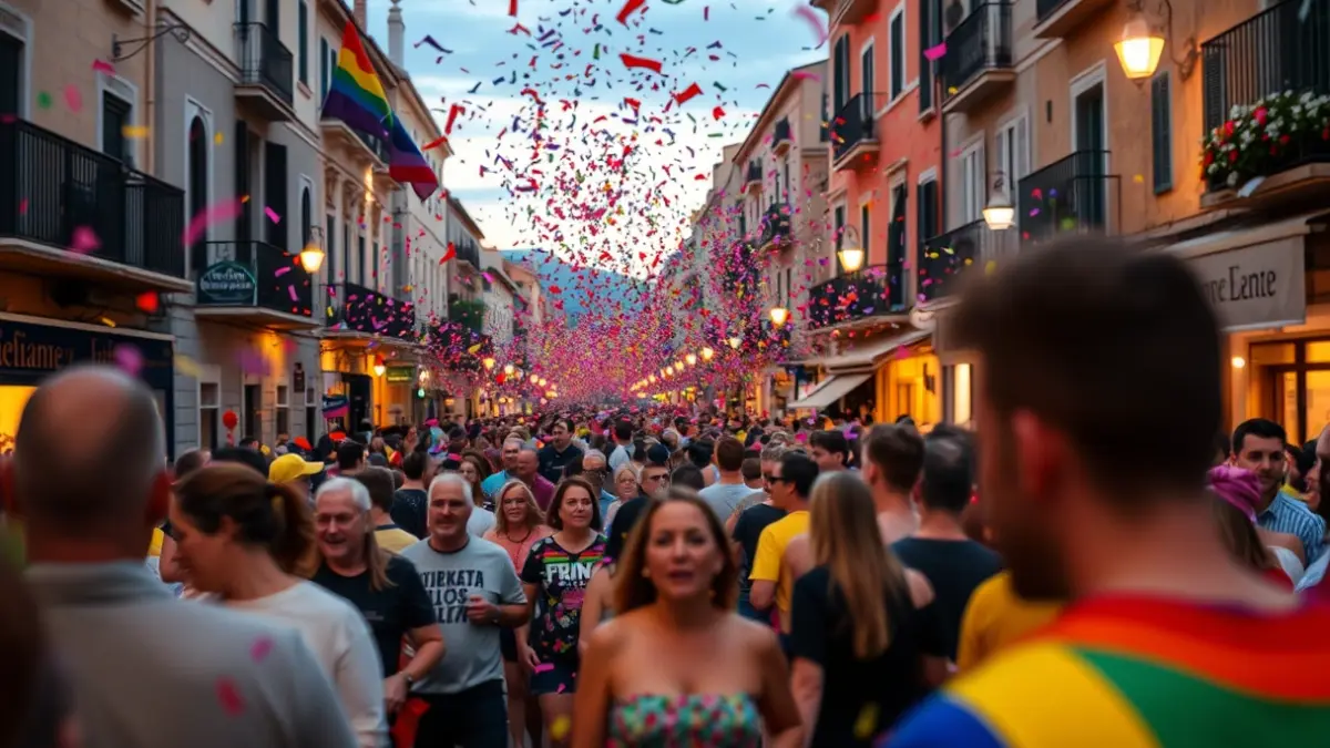 Generic image of a Pride celebration with confetti and blurred crowd in a festive atmosphere.
