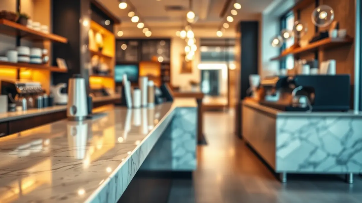 Image of a modern Coffee Bar with a marble counter and ceramic floor, with warm lighting.