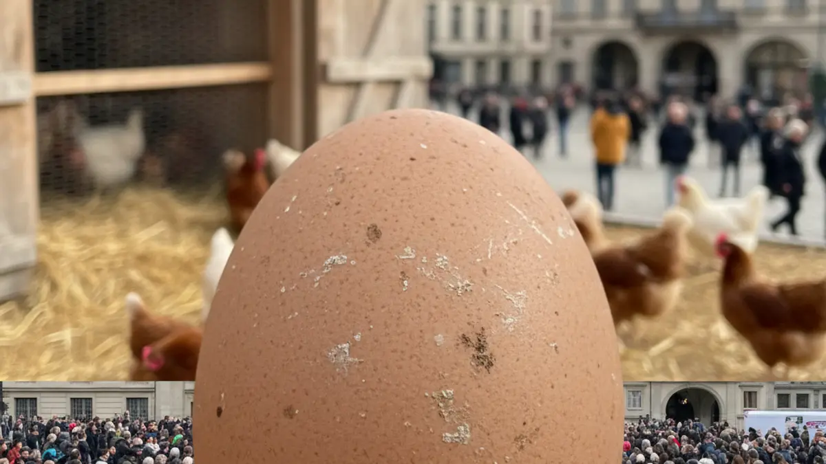 Generic image of a chicken egg in a coop, with natural light.