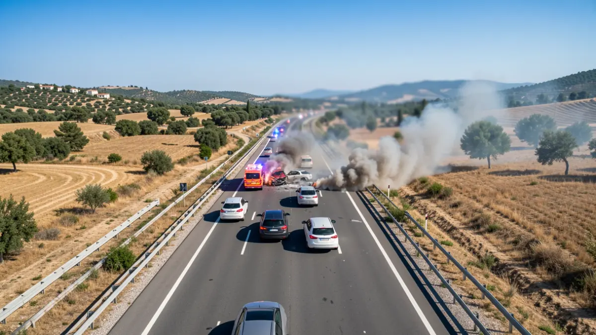 Imatge aèria d'un accident de trànsit amb diversos vehicles a l'AP-7 a la Vila Joiosa.