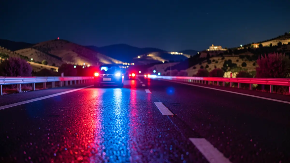 Imagen genérica de luces de emergencia en una autopista mojada.