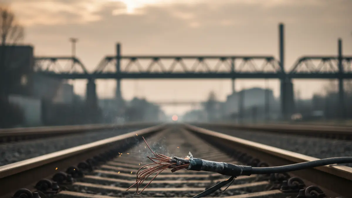 Generic image of a damaged electrical cable on train tracks, with blurred tracks in the distance.