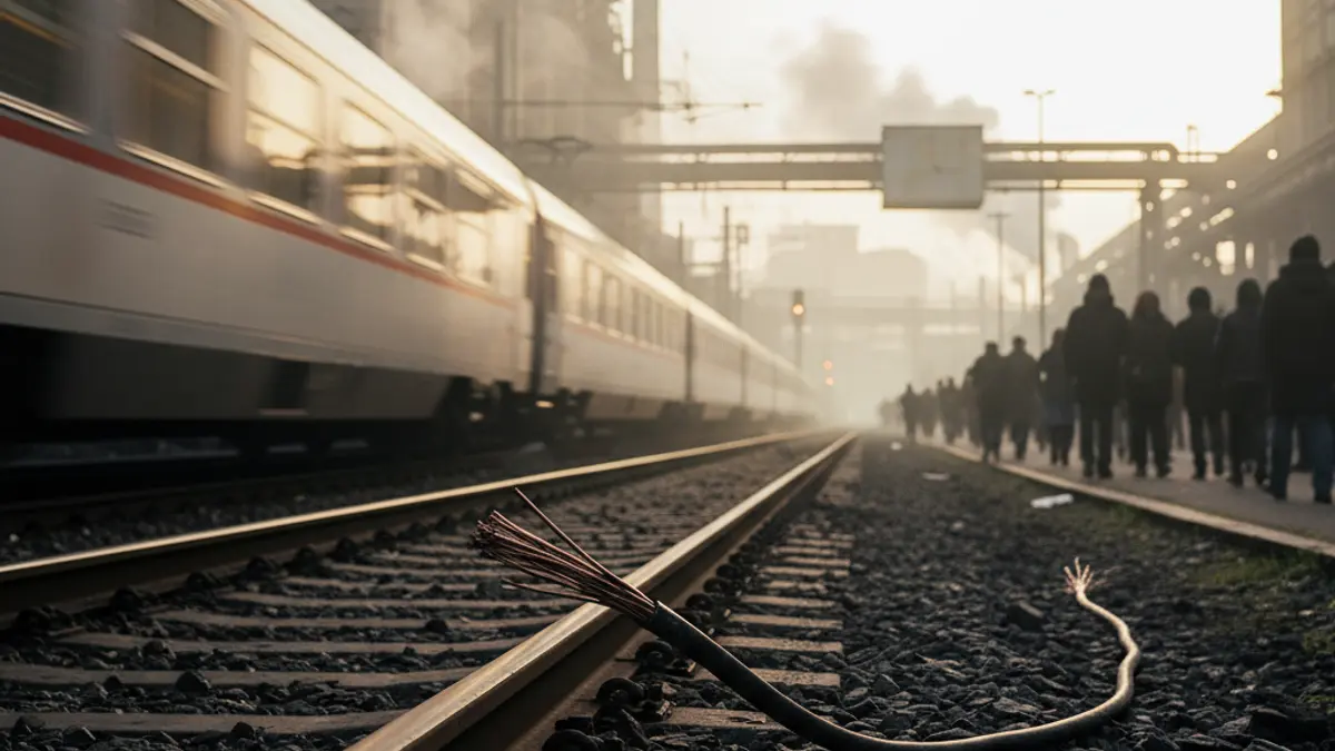 Image of a broken copper cable next to a train track, with a blurred train in the background, in an industrial setting in the early morning.