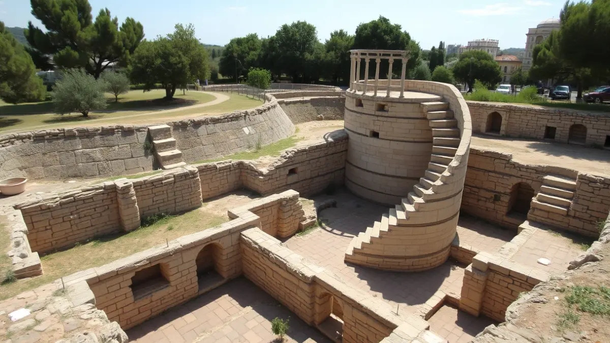 Imatge d'unes restes arqueològiques amb fonaments de pedra i un fragment d'escala de caragol, envoltades per una zona verda urbana.