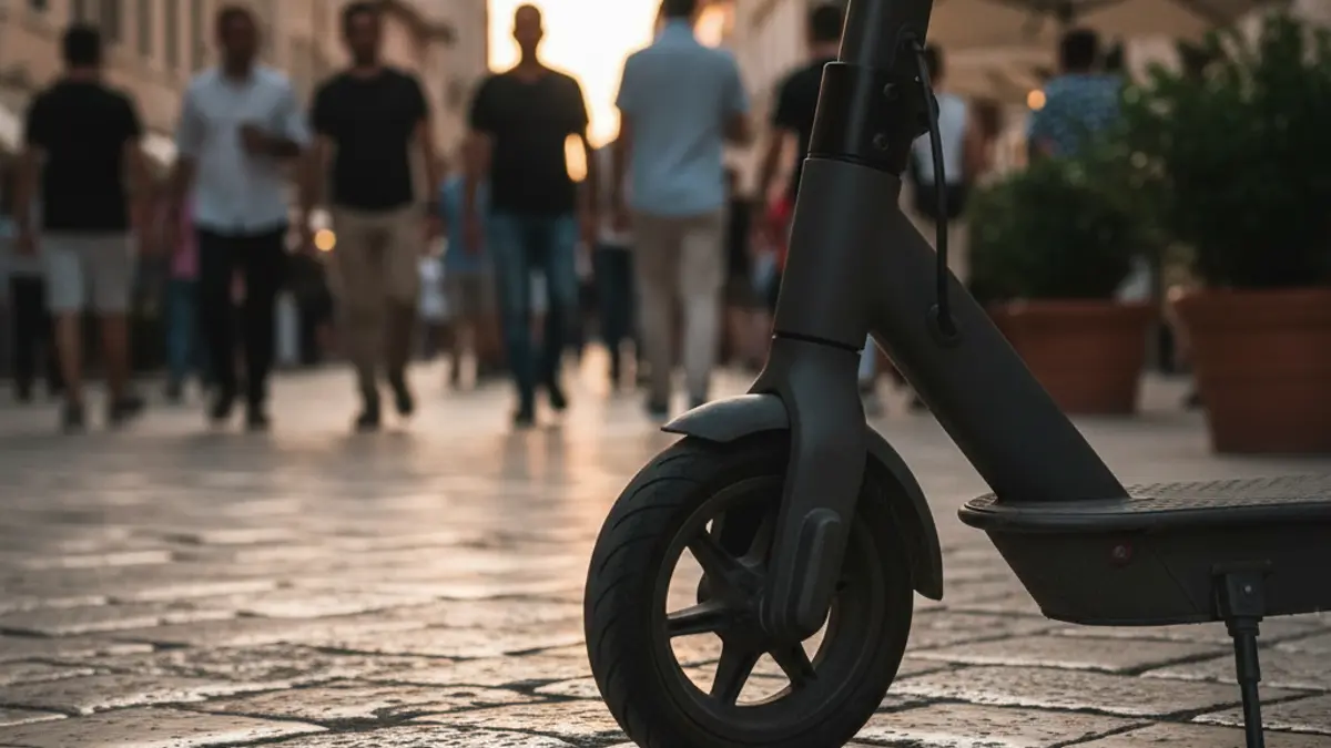 Imatge genèrica d'una roda de patinet elèctric en un carrer mediterrani, amb llum càlida de vesprada.
