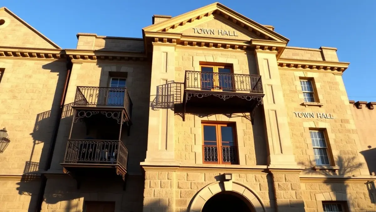 Facade of Novelda's town hall, with balconies and iron railings, bathed in the afternoon sunlight.