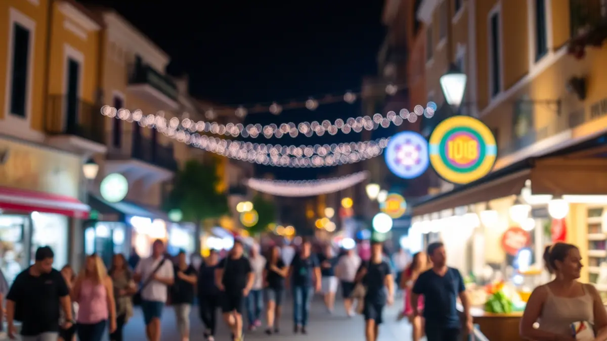 Imatge genèrica d'una nit oberta en una ciutat mediterrània, amb llums borroses de comerços i gent passejant.