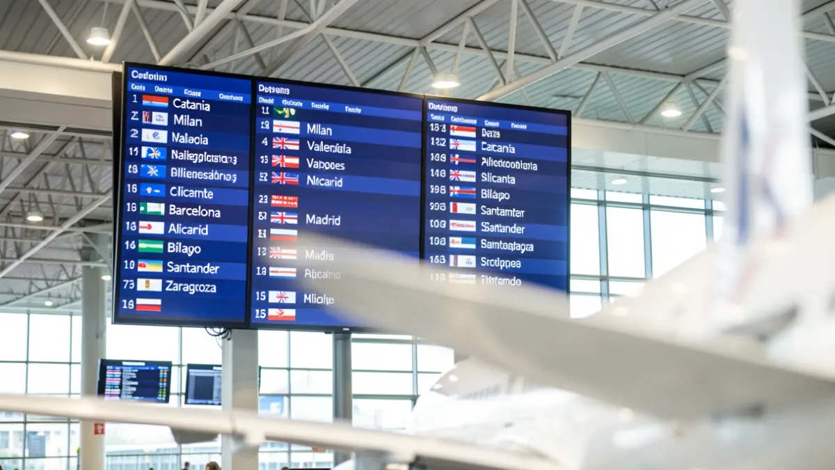 Airport flight information board with destinations in Italy and Spanish cities.
