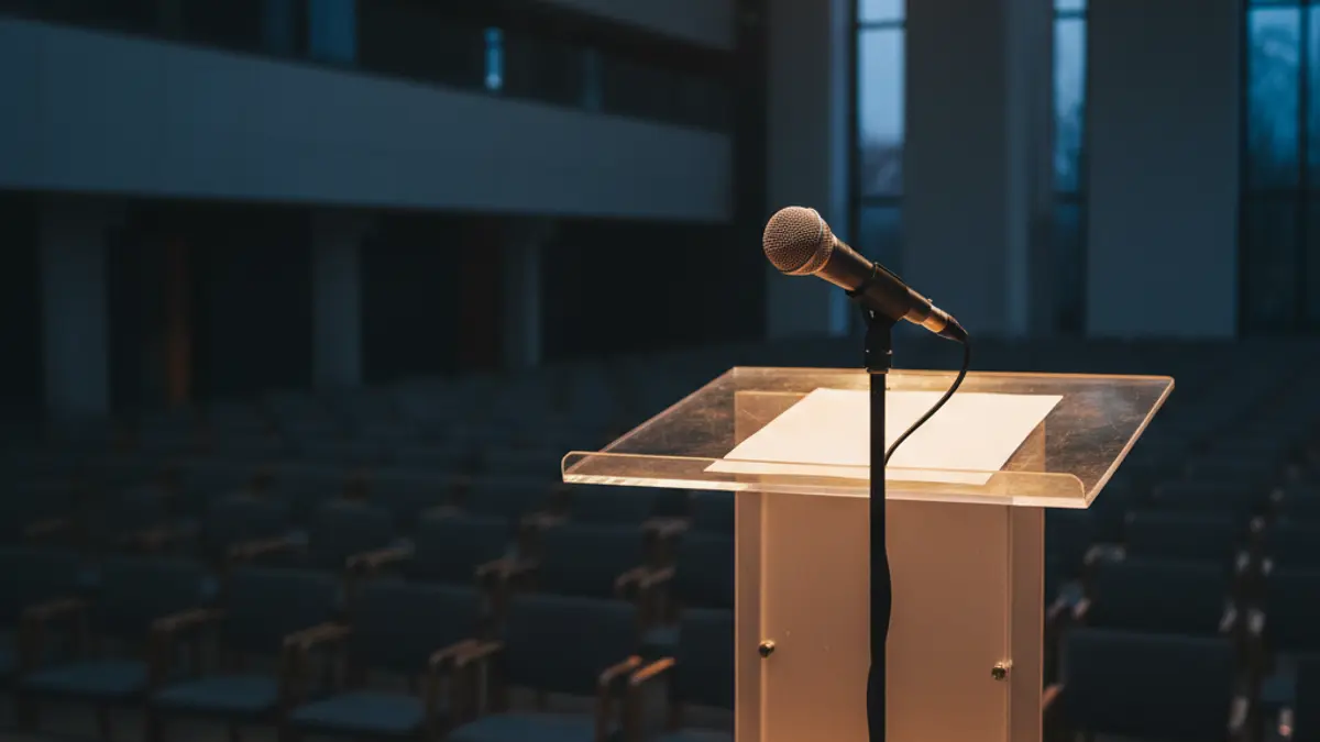 Generic image of a microphone on a podium in a conference hall.