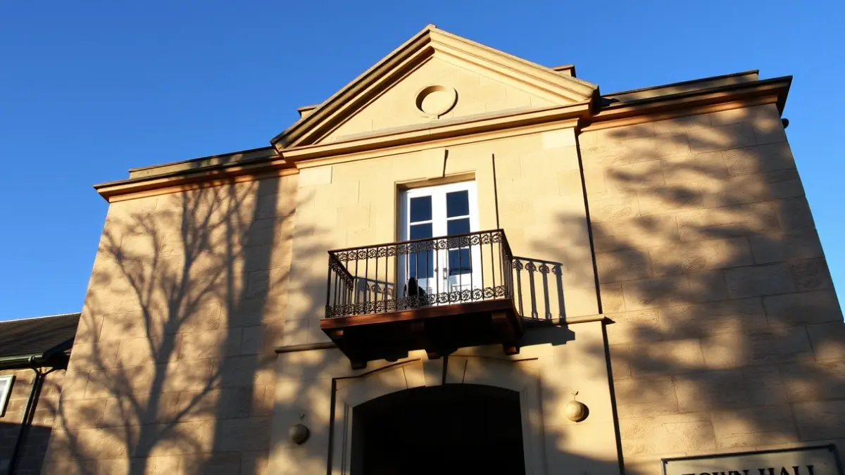 Façana de l'ajuntament de Nules amb balcons de ferro forjat i llum solar càlida.