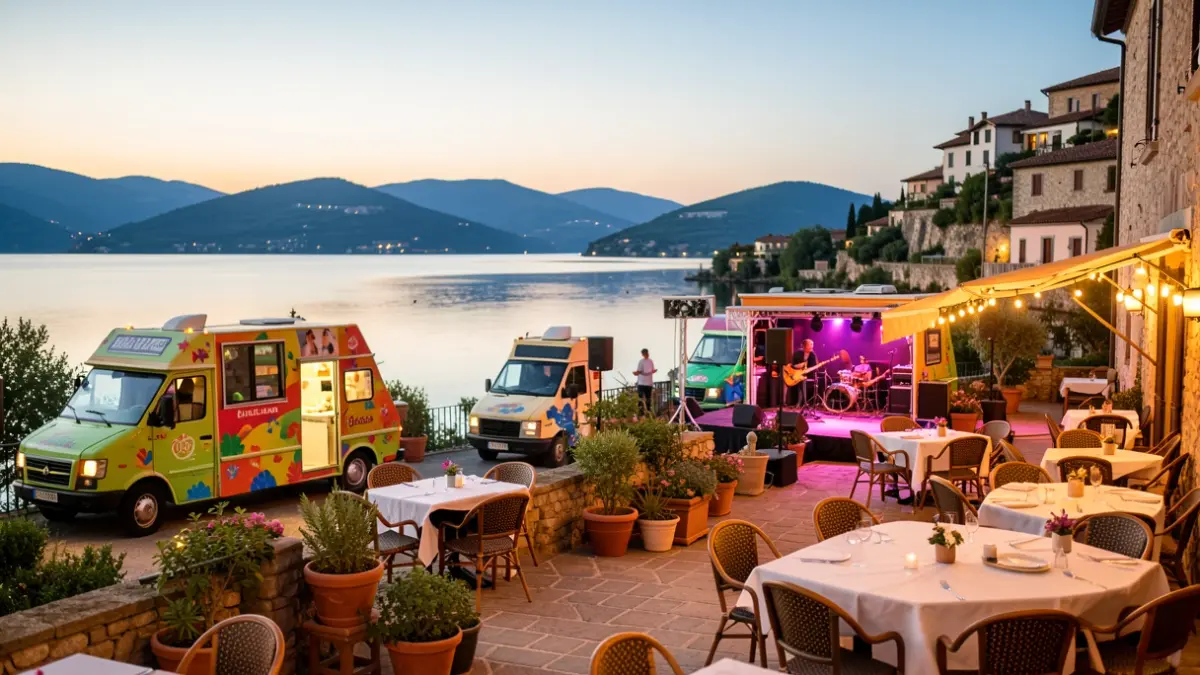 Generic image of an outdoor terrace with food trucks and a music stage.