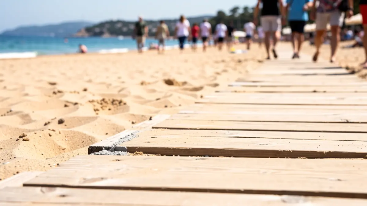 Treballs de reparació en una passarel·la de fusta en una platja de la costa valenciana.