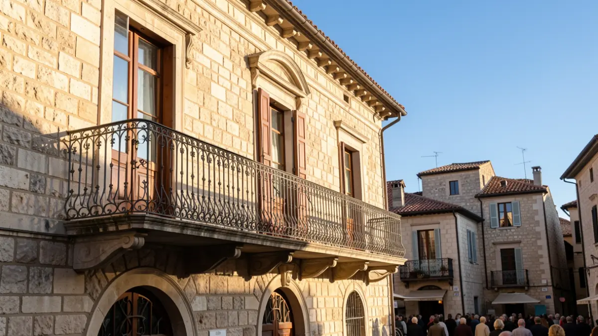 Imagen genérica de un edificio de ayuntamiento con balcón y sol de tarde.