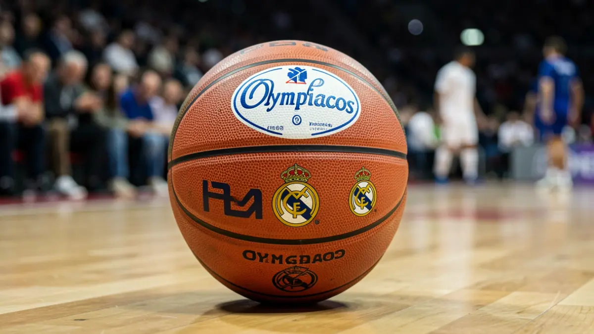 Generic image of a basketball with Olympiacos and Real Madrid logos.