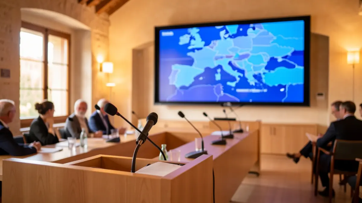 Imatge genèrica d'una sala de conferències amb pantalla i micròfons.