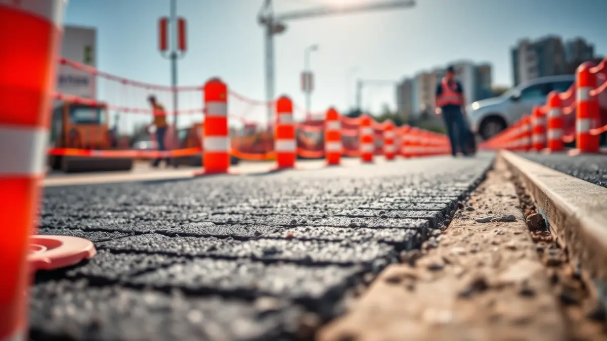 Imagen de unas obras de remodelación urbana con barreras de seguridad y nuevo pavimento.