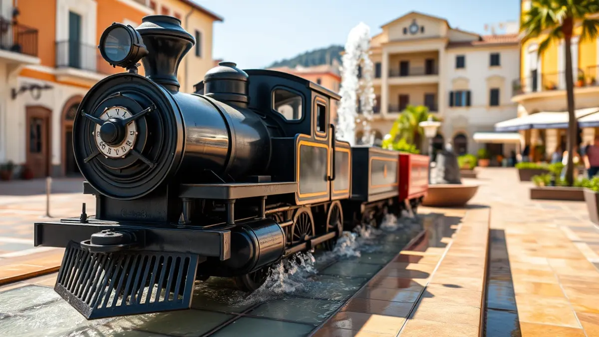 Imatge de la rèplica del tren de La Panderola en una font de la renovada plaça d'Espanya d'Onda.