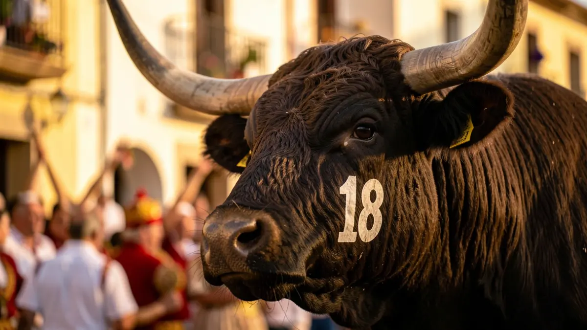 Generic image of a bull with the number 18, representing 'Bellotito' from the Partido de Resina ranch, in a festive atmosphere.
