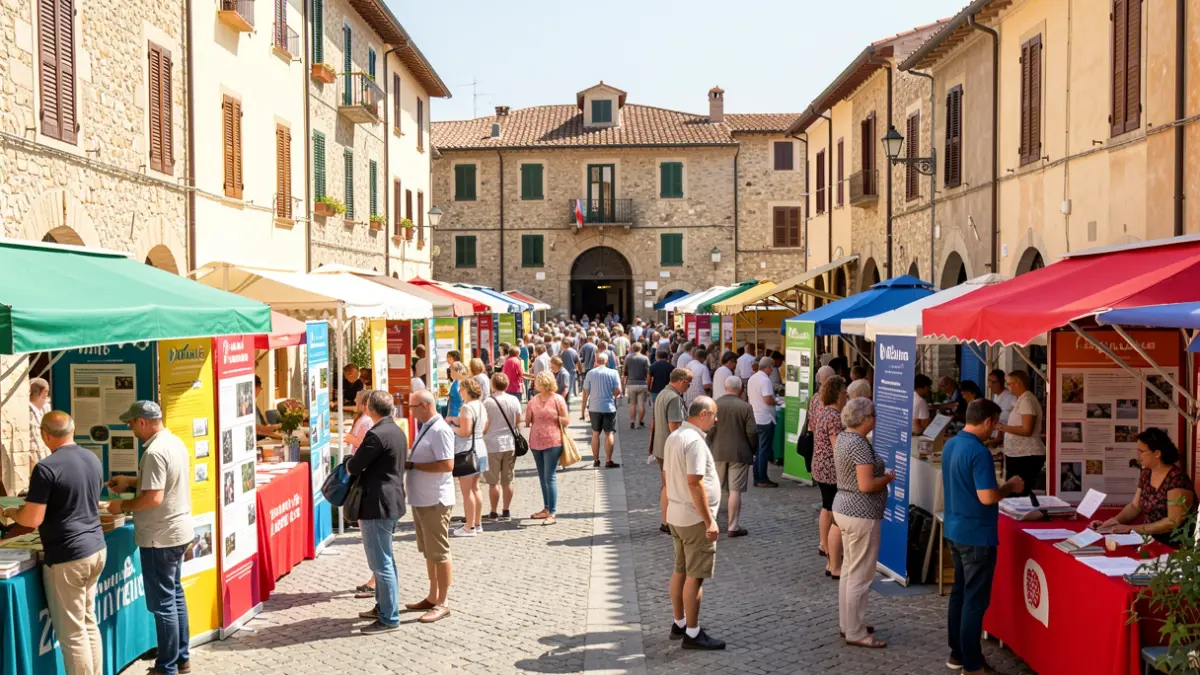Imagen genérica de una feria solidaria en una plaza con puestos informativos.