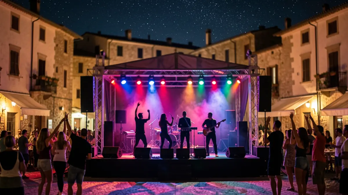 Imagen genérica de un escenario exterior en una plaza mediterránea de noche, con luces y siluetas de artistas.