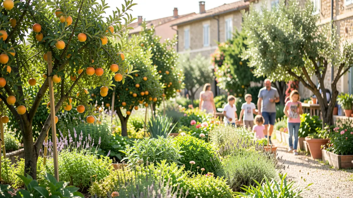 Imatge genèrica d'un parc urbà amb jardí comestible i arbres fruitals.