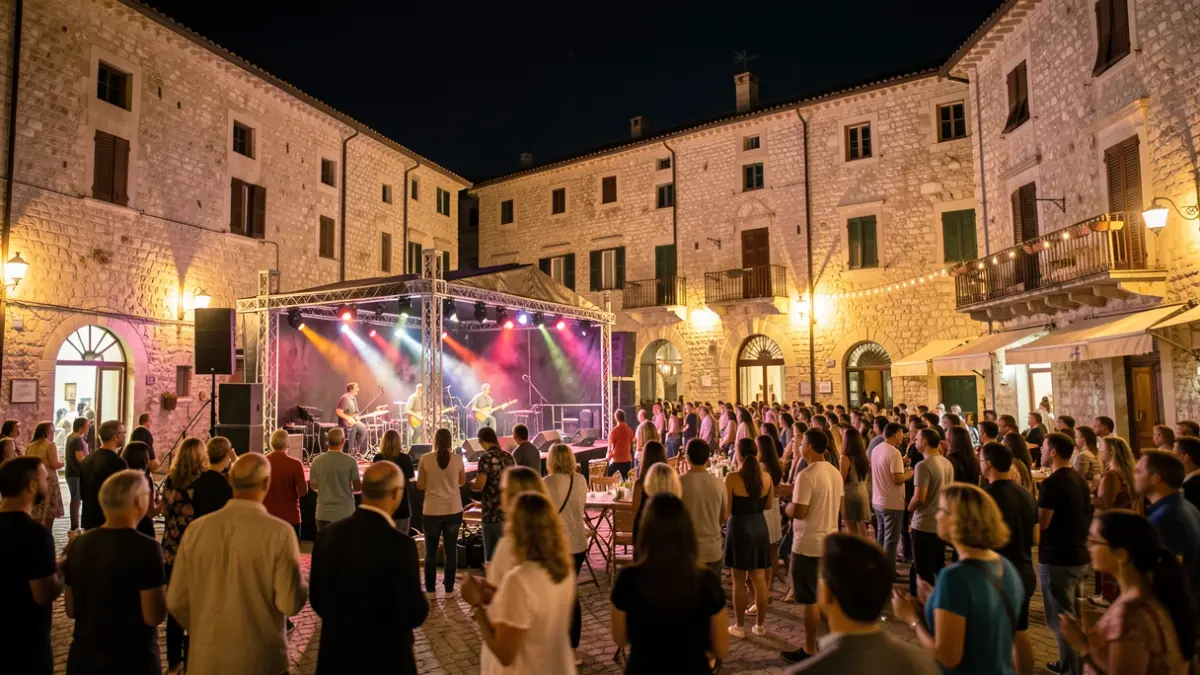 Imagen genérica de un escenario musical en una plaza histórica durante la noche, con público y luces.