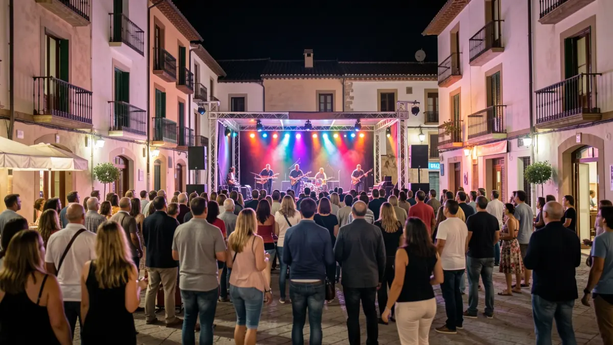 Generic image of an illuminated outdoor stage during a music festival at night.