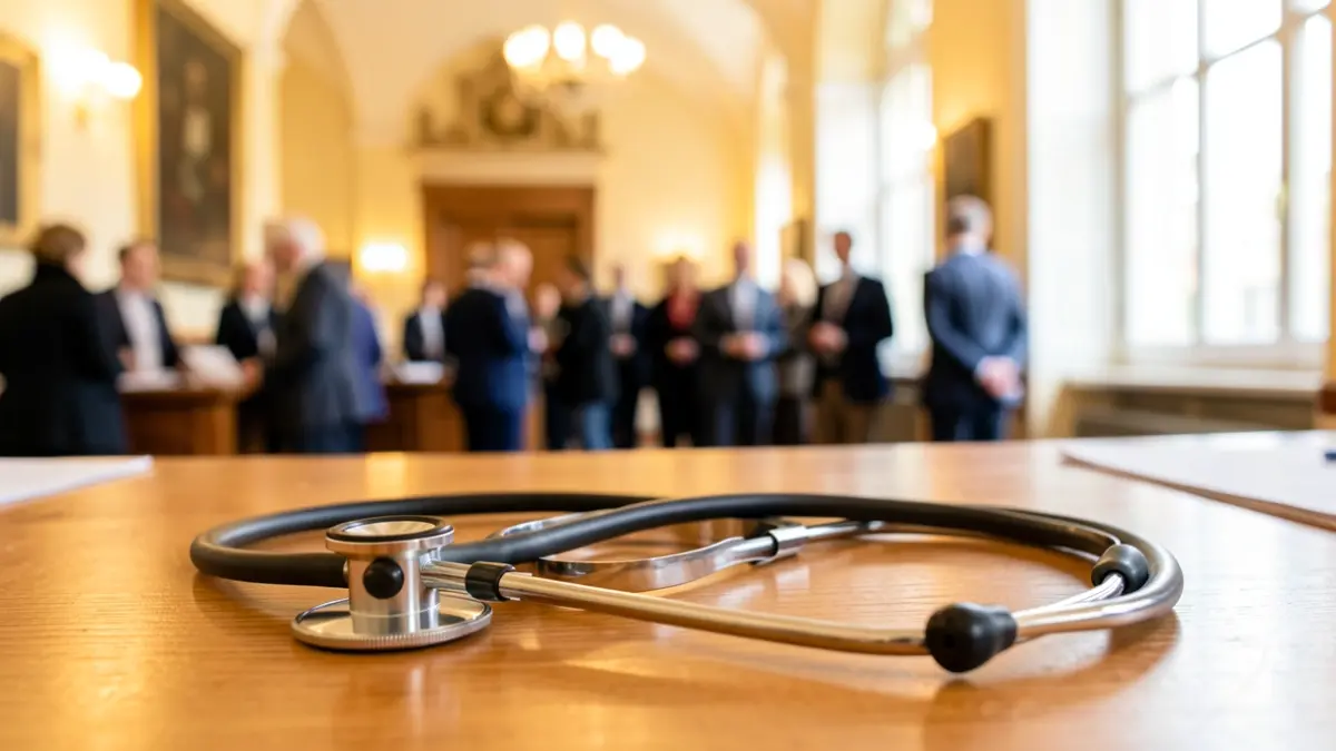Generic image of a stethoscope on a desk in an office.