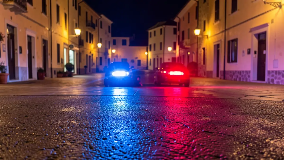 Imagen genérica de luces de emergencia policiales reflejándose en asfalto mojado.