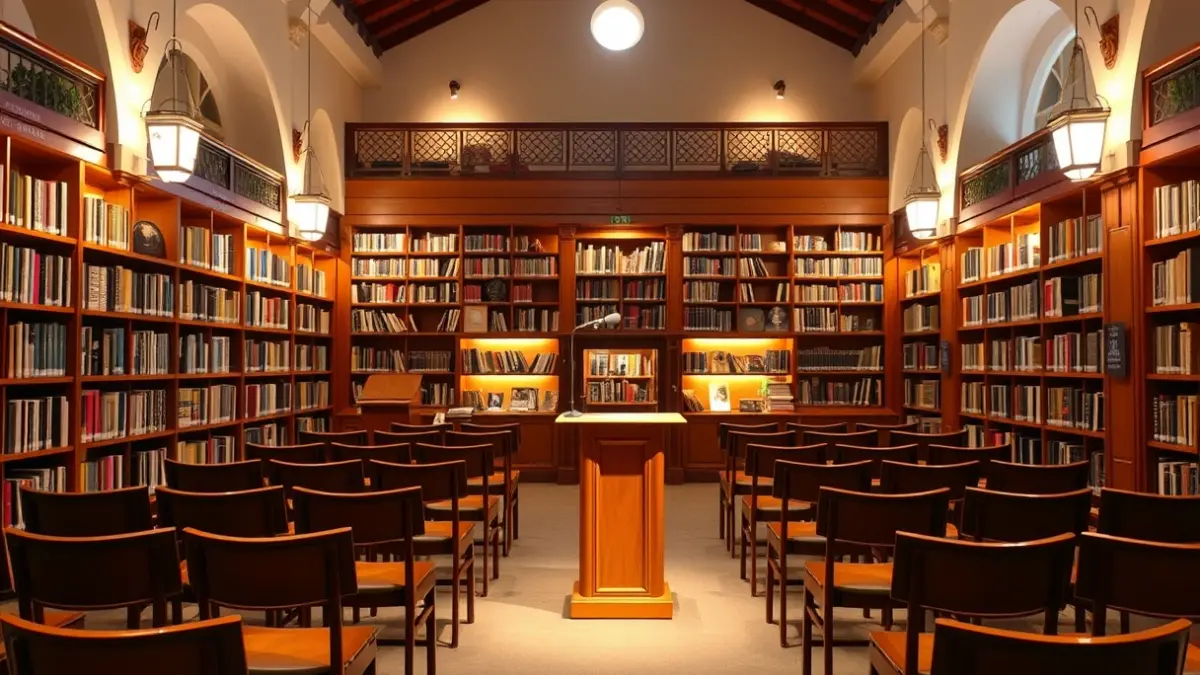 Imatge genèrica d'un interior de biblioteca amb prestatgeries de fusta i un faristol, amb llum càlida.