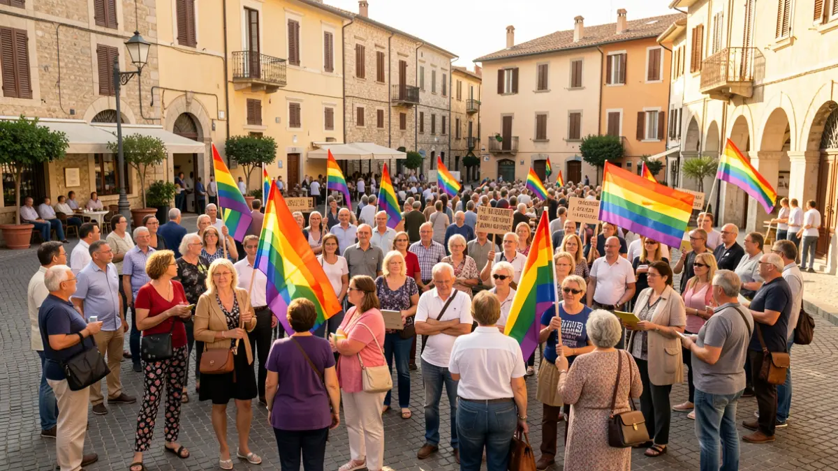 Generic image of people gathered in a square with LGTBI+ Pride banners.