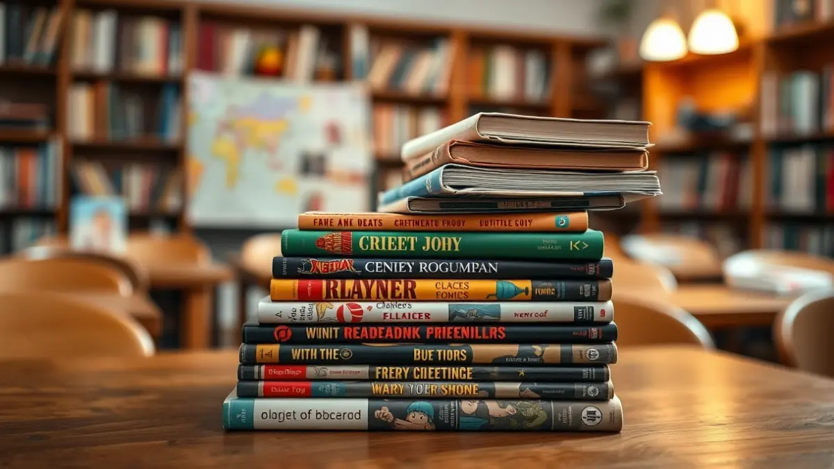Imatge genèrica de llibres i còmics en una taula, amb un fons desenfocat d'una biblioteca o aula, simbolitzant la promoció de la lectura i l'educació.