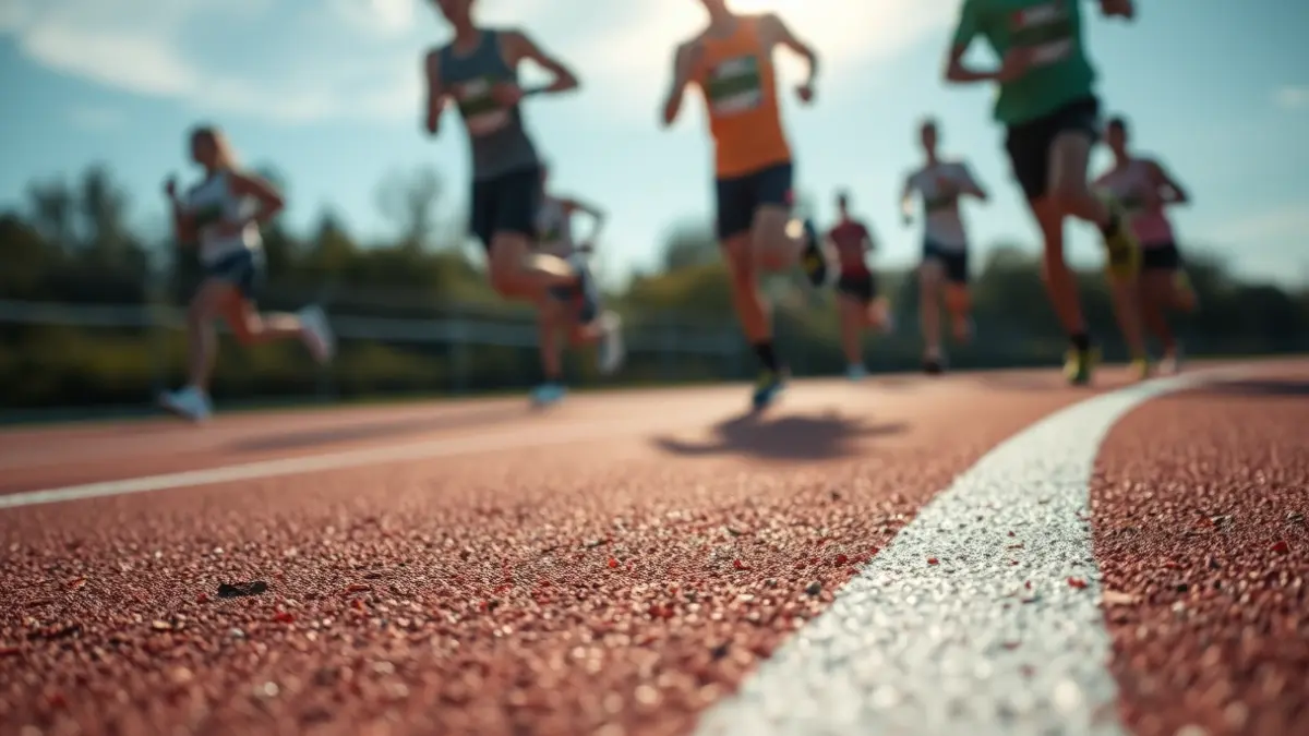 Generic image of an athletics track with blurred runners in the background, with morning light.