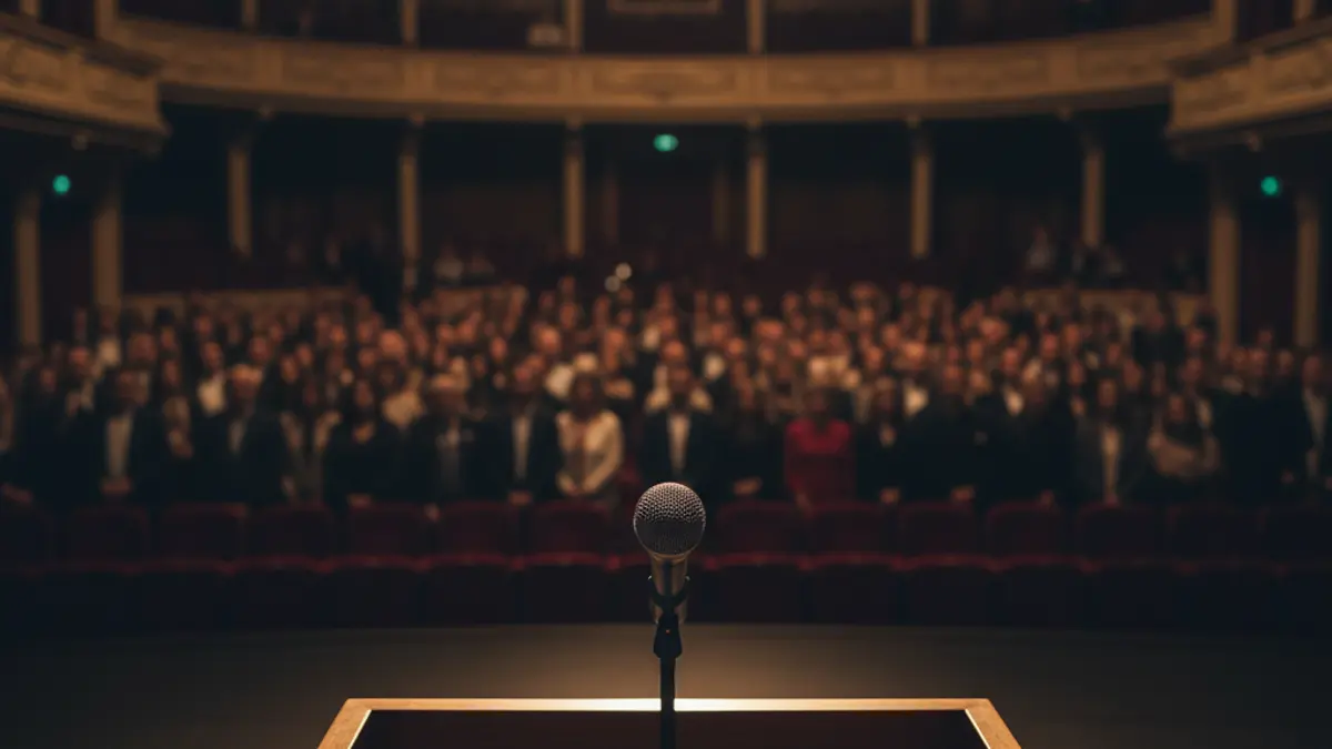 Imagen genérica de un micrófono en un podio en un auditorio, con asientos borrosos al fondo.