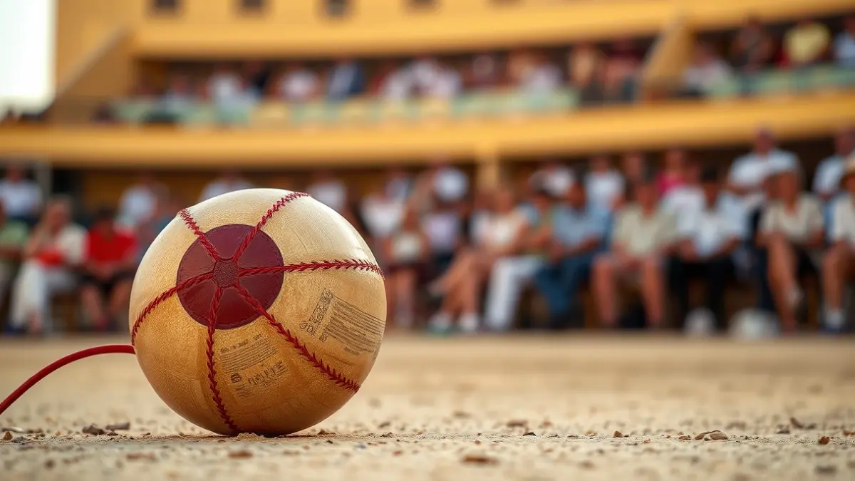 Imagen genérica de una pelota valenciana en un trinquete, con las líneas de la pista y los asientos del público desenfocados.