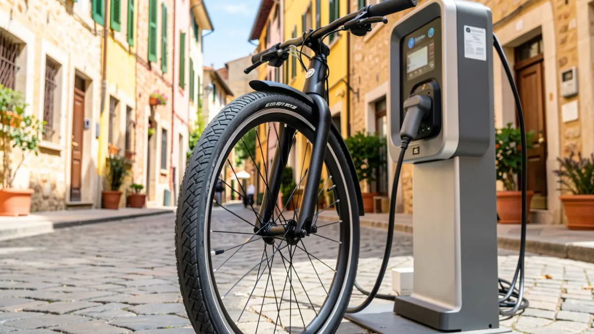 Imatge genèrica d'una bicicleta elèctrica compartida en una estació de càrrega urbana.