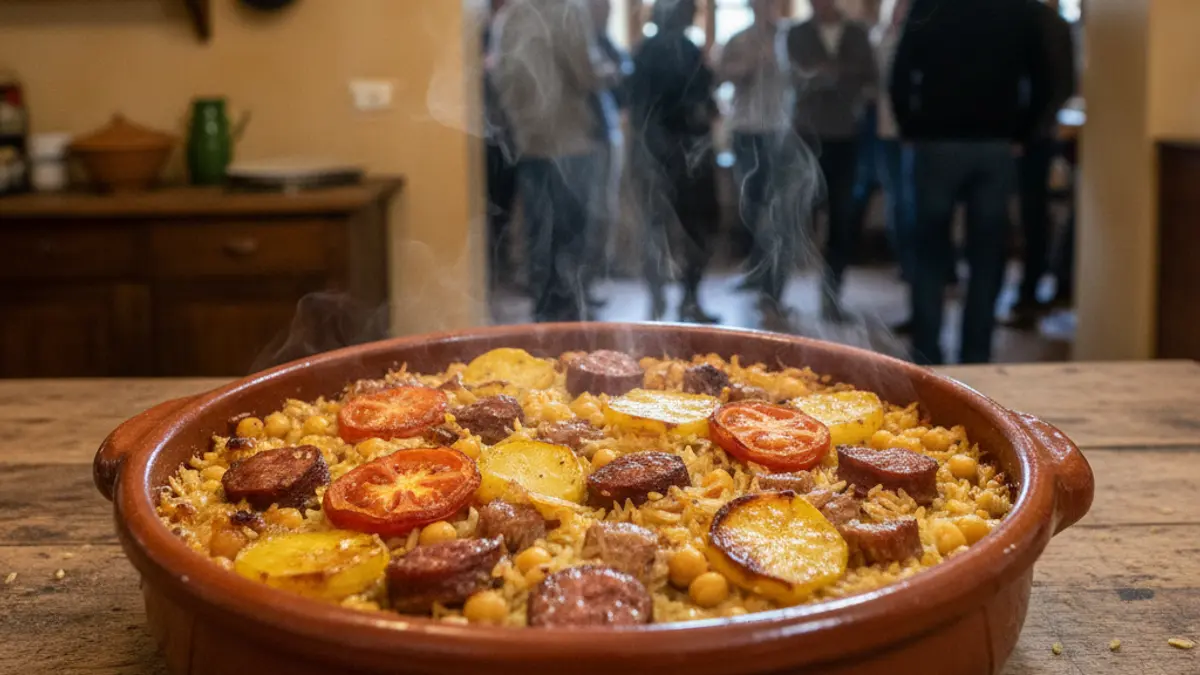 Image of a traditional baked rice casserole, freshly made, on a wooden table in a home kitchen setting.