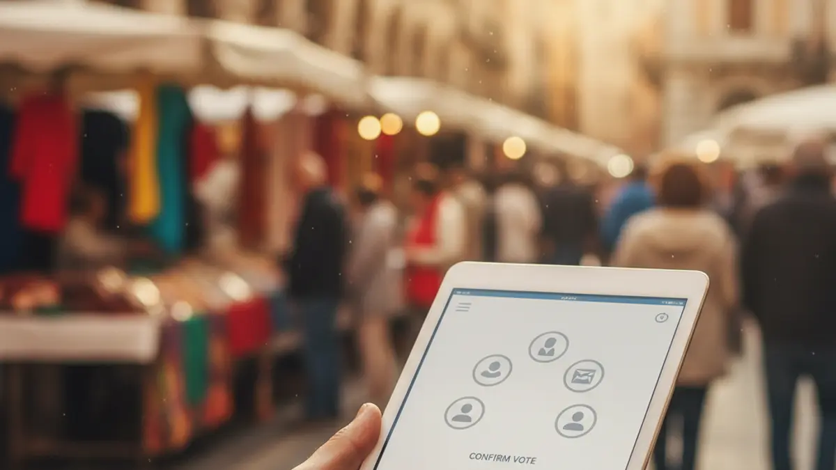 Generic image of a hand voting on a tablet in a market, with a point system.