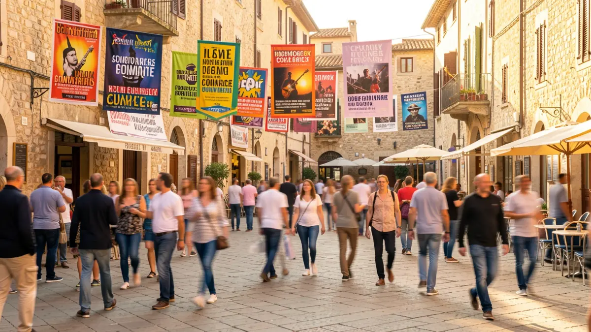 Imatge genèrica d'una plaça de ciutat mediterrània amb decoració festiva per a un esdeveniment cultural i comercial.