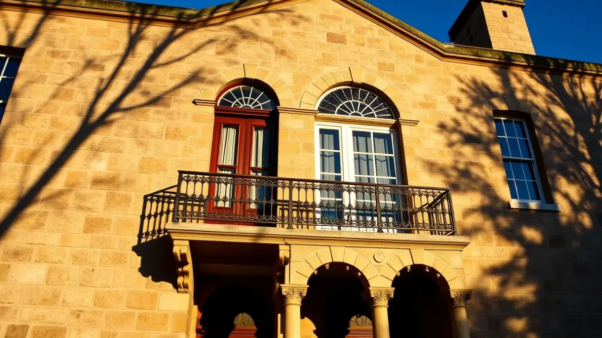 Fachada del Ayuntamiento de Orihuela con balcón y barandillas de hierro, bañada por la luz del sol de la tarde.